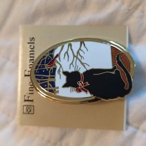 New, enamel pin with black cat and a cardinal